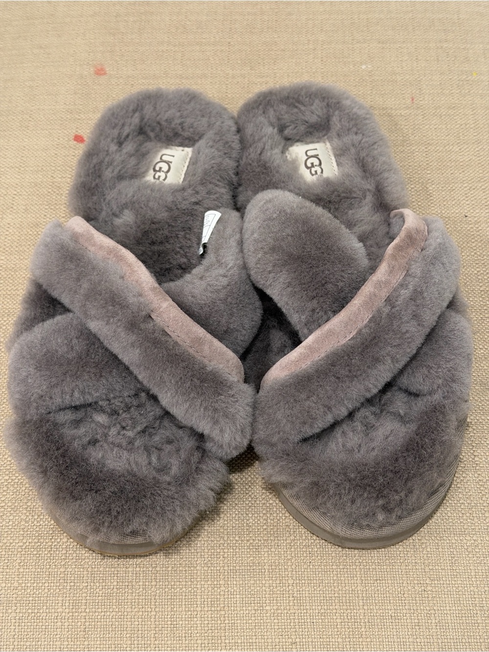 UGG Charcoal Plush Cross-Band Shearling Slippers